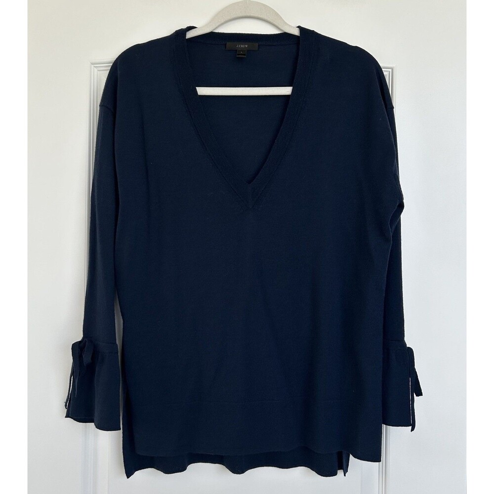 J Crew Sweater Womens Merino Wool Navy Blue V Neck Bell Sleeve Sz L Lightweight